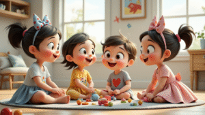 A cheerful indoor setting with toddlers wearing cute