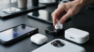 A close-up of mobile phones with trendy cases, tempered