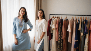 A graceful female model wearing a mix of elegant kurtis