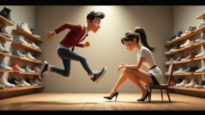 In a brightly lit, modern shoe store with warm wooden