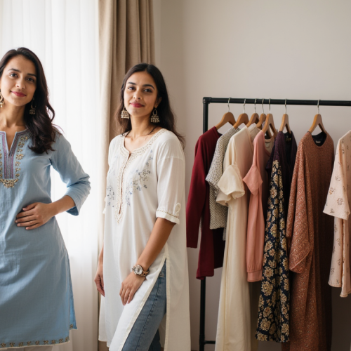 A graceful female model wearing a mix of elegant kurtis